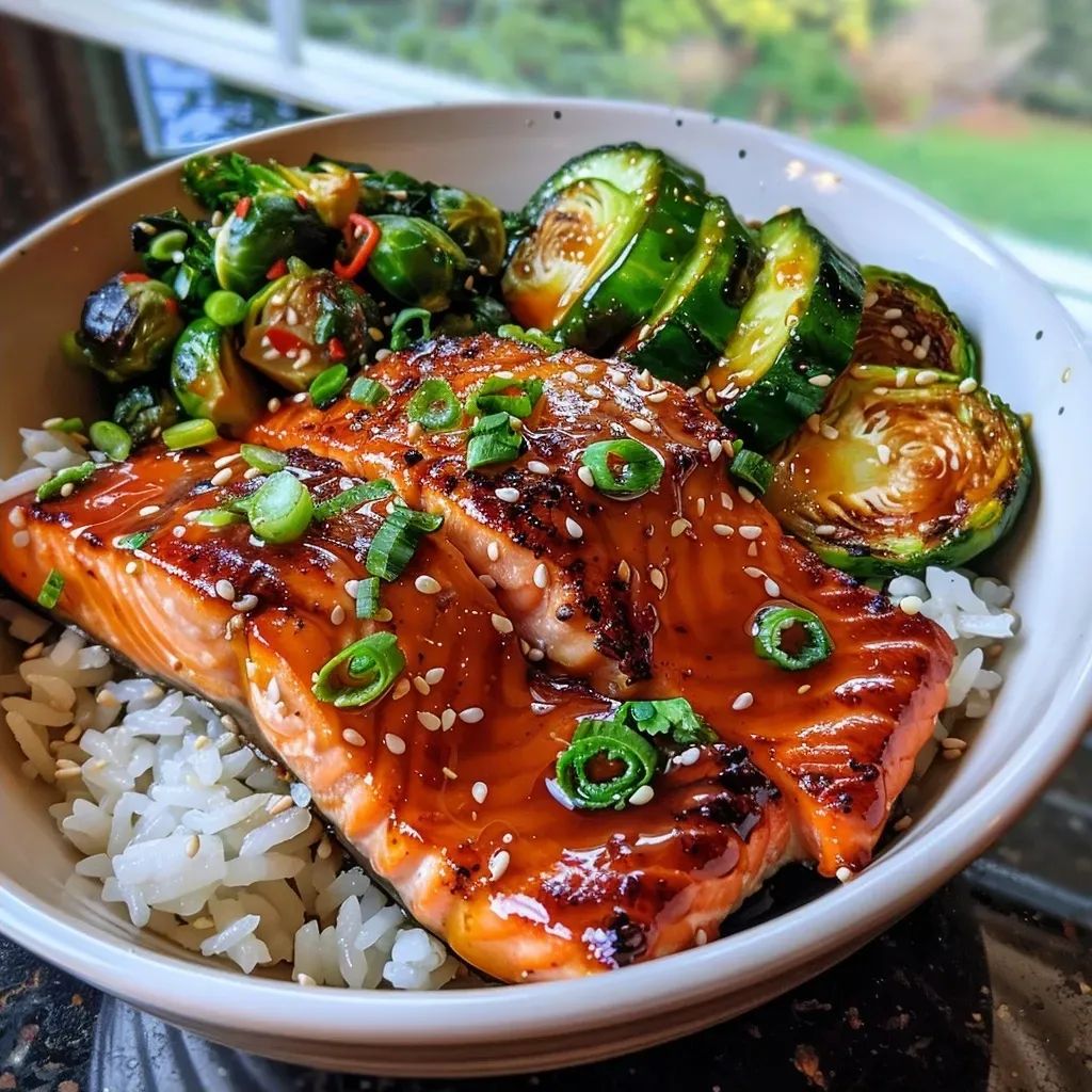 A close-up side view of a colorful Easy Teriyaki Salmon Bowl with salmon, Brussels sprouts, cucumbers, and rice.