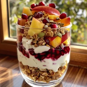 ['Close-up of layered Fall Fruit and Yogurt Parfaits with vibrant fruits and yogurt.', 'Side view of a delicious parfait showcasing Greek yogurt, cranberry sauce, and assorted fruits.', 'Colorful parfait featuring Greek yogurt, chopped fruits, and crunchy toppings in a clear glass.', 'Juicy Fall Fruit and Yogurt Parfait filled with layers of yogurt, fruits, and granola.']