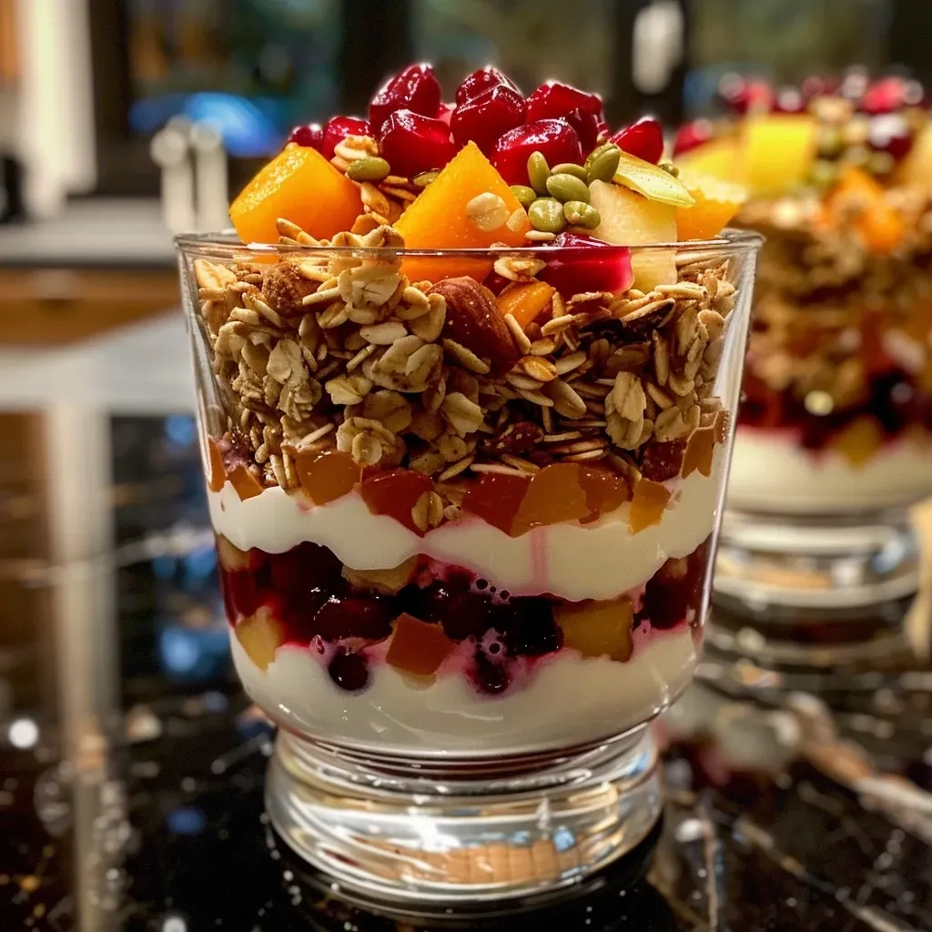 ['Close-up of layered Fall Fruit and Yogurt Parfaits with vibrant fruits and yogurt.', 'Side view of a delicious parfait showcasing Greek yogurt, cranberry sauce, and assorted fruits.', 'Colorful parfait featuring Greek yogurt, chopped fruits, and crunchy toppings in a clear glass.', 'Juicy Fall Fruit and Yogurt Parfait filled with layers of yogurt, fruits, and granola.']