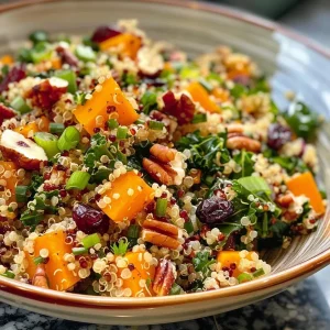 ['Close-up of a vibrant Fall Harvest Quinoa Salad featuring colorful vegetables and grains.', 'Side view of a hearty vegan quinoa salad with butternut squash, kale, and cranberries.', 'Detailed view of a nutritious salad with quinoa, nuts, and balsamic dressing on a rustic surface.', 'Freshly prepared Fall Harvest Quinoa Salad showcasing a mix of seasonal ingredients in a bowl.']
