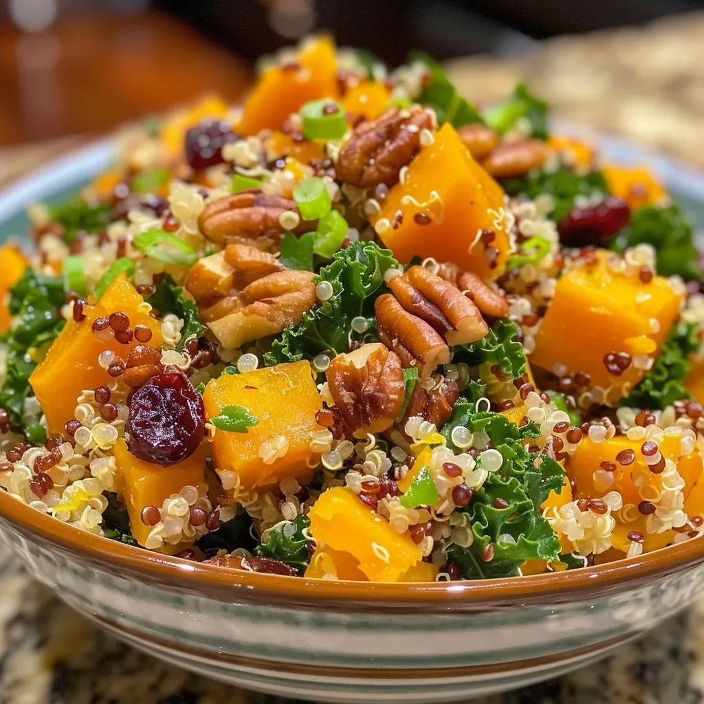 ['Close-up of a vibrant Fall Harvest Quinoa Salad featuring colorful vegetables and grains.', 'Side view of a hearty vegan quinoa salad with butternut squash, kale, and cranberries.', 'Detailed view of a nutritious salad with quinoa, nuts, and balsamic dressing on a rustic surface.', 'Freshly prepared Fall Harvest Quinoa Salad showcasing a mix of seasonal ingredients in a bowl.']