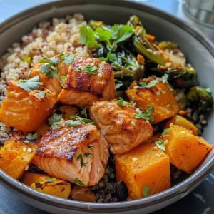 ['A vibrant bowl of Fall Harvest Salmon Bite with cubed butternut squash and Brussels sprouts.', 'Close-up of a delicious salmon bowl featuring golden tahini sauce, quinoa, and fresh vegetables.', 'A side view of a colorful salmon bowl topped with sesame seeds and cilantro.', 'A rich, textured bowl showcasing salmon, roasted veggies, and creamy tahini sauce.']