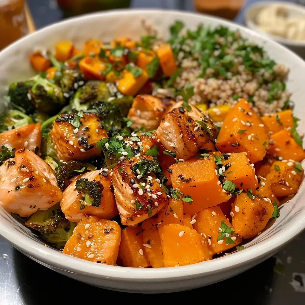 ['A vibrant bowl of Fall Harvest Salmon Bite with cubed butternut squash and Brussels sprouts.', 'Close-up of a delicious salmon bowl featuring golden tahini sauce, quinoa, and fresh vegetables.', 'A side view of a colorful salmon bowl topped with sesame seeds and cilantro.', 'A rich, textured bowl showcasing salmon, roasted veggies, and creamy tahini sauce.']
