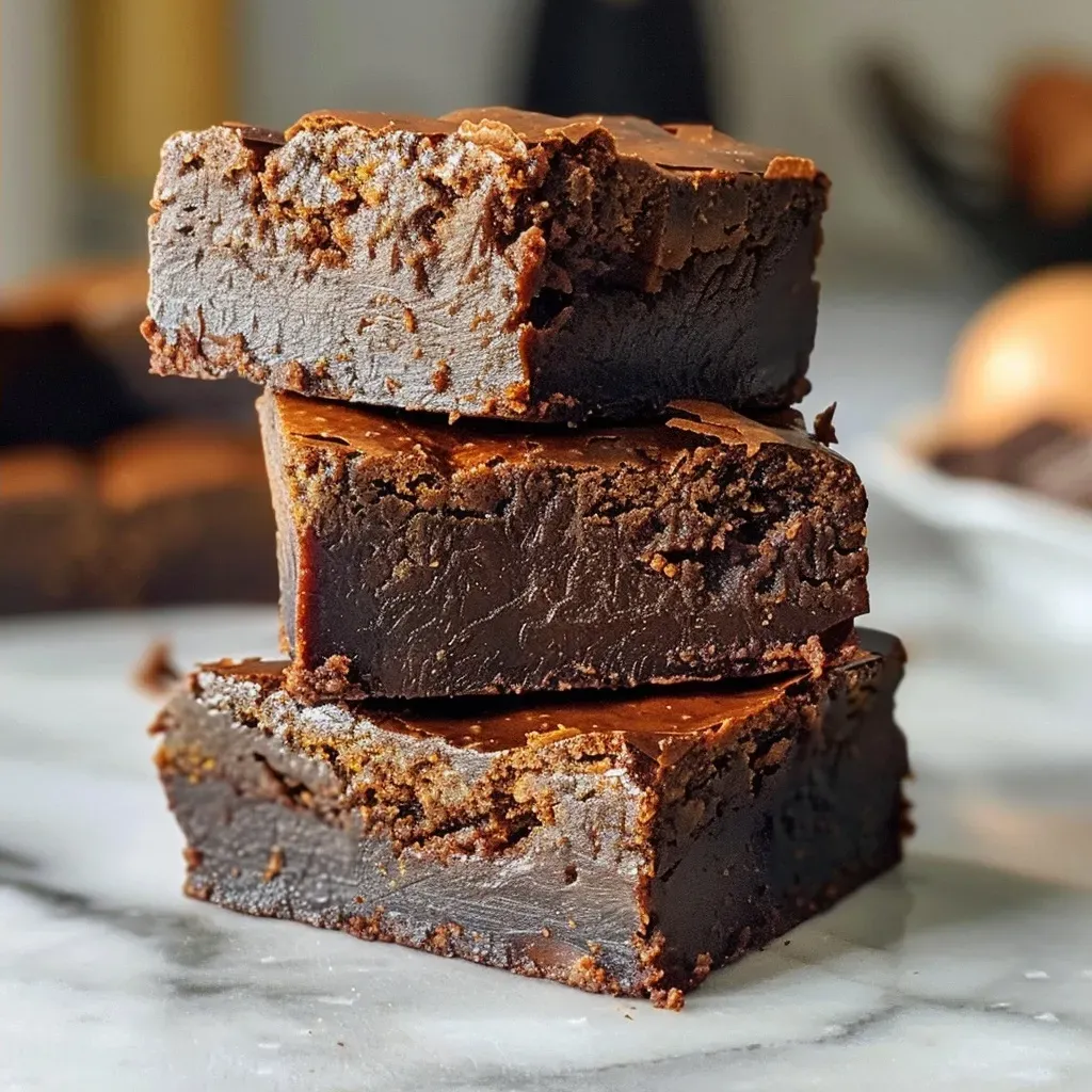 ['Close-up side view of flourless paleo pumpkin brownies, showcasing their rich, fudgy texture.', 'Juicy and delicious flourless pumpkin brownies in a side profile, highlighting the dark chocolate chunks.', 'A side angle view of moist flourless pumpkin brownies, revealing a glossy top and chocolate pieces.', 'Close-up of decadent flourless pumpkin brownies, emphasizing their dense and inviting appearance.']