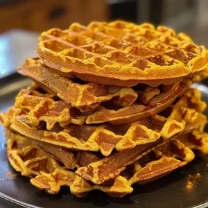 ['Close-up of golden-brown flourless pumpkin waffles with a drizzle of maple syrup.', 'Side view of fluffy pumpkin waffles topped with a sprinkle of cinnamon and syrup.', 'A stack of flourless waffles made with pumpkin puree, adorned with a rich glaze.', 'Delicious pumpkin waffles served on a plate, showcasing their moist texture and spices.']