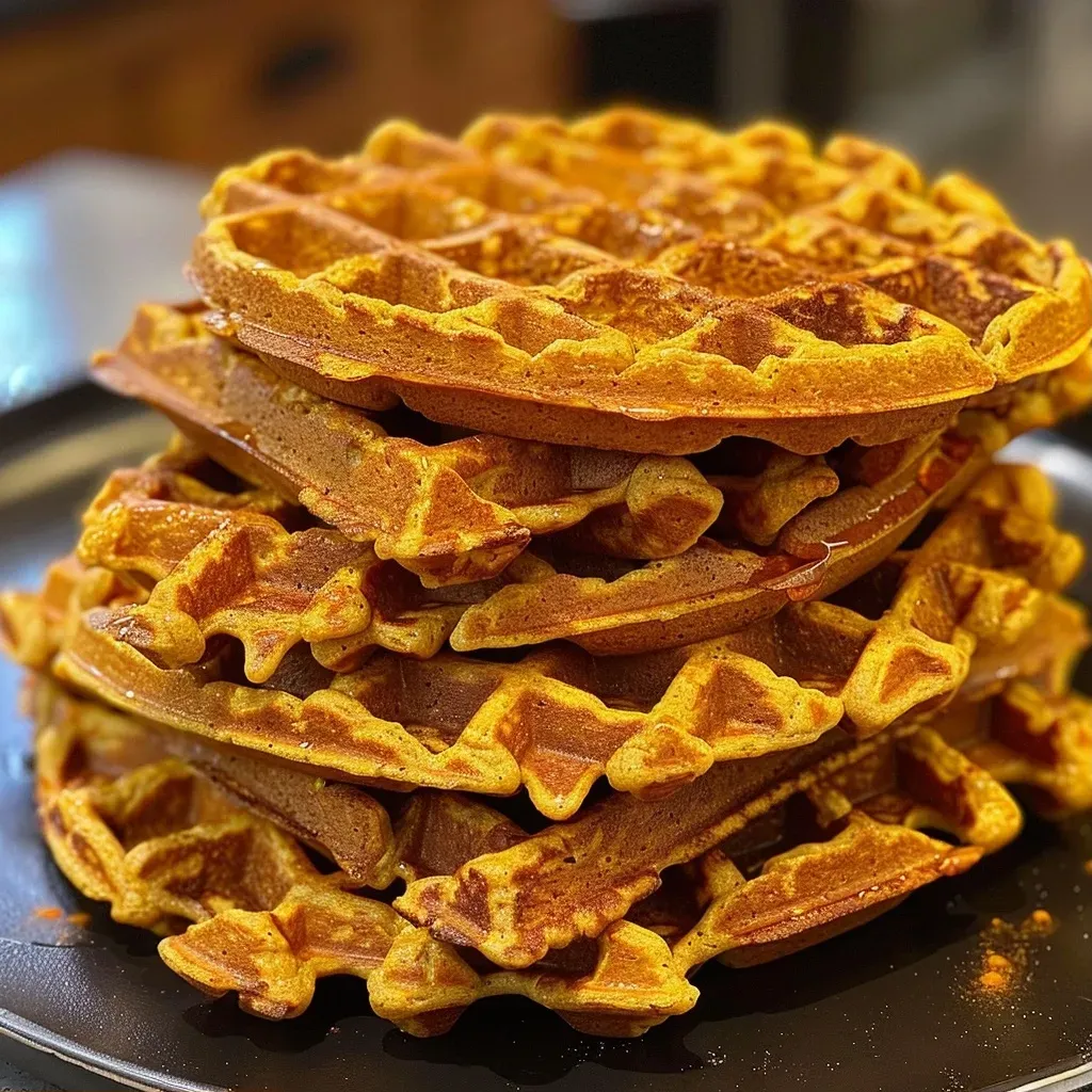 ['Close-up of golden-brown flourless pumpkin waffles with a drizzle of maple syrup.', 'Side view of fluffy pumpkin waffles topped with a sprinkle of cinnamon and syrup.', 'A stack of flourless waffles made with pumpkin puree, adorned with a rich glaze.', 'Delicious pumpkin waffles served on a plate, showcasing their moist texture and spices.']