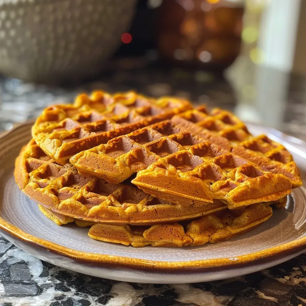 ['Close-up of golden-brown flourless pumpkin waffles with a drizzle of maple syrup.', 'Side view of fluffy pumpkin waffles topped with a sprinkle of cinnamon and syrup.', 'A stack of flourless waffles made with pumpkin puree, adorned with a rich glaze.', 'Delicious pumpkin waffles served on a plate, showcasing their moist texture and spices.']