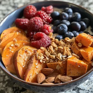 Close-up of a fluffy sweet potato breakfast bowl filled with berries and granola.