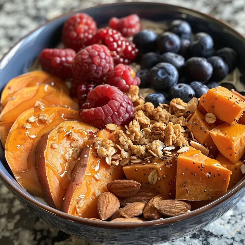 ['Close-up of a fluffy sweet potato breakfast bowl filled with berries and granola.', 'Side view of a vibrant sweet potato bowl topped with almond yogurt and syrup.', 'Juicy sweet potato breakfast bowl visually rich with almond milk and colorful toppings.', 'Detailed image of a sweet potato bowl filled with coconut yogurt and fresh berries.']