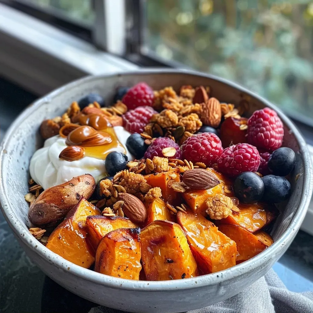 Close-up of a fluffy sweet potato breakfast bowl filled with berries and granola.