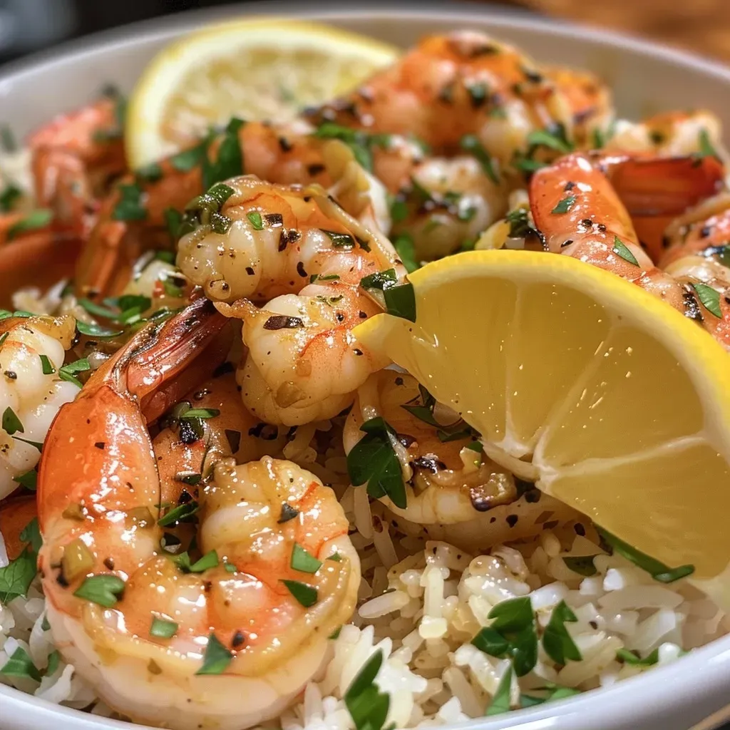['Close-up image of a bowl filled with Garlic Butter Shrimp over rice, garnished with parsley and lemon wedges.', 'Side view of a vibrant Garlic Butter Shrimp Rice Bowl featuring juicy shrimp, rice, and fresh herbs.', 'A delicious serving of Garlic Butter Shrimp Rice, showcasing succulent shrimp and a creamy sauce.', 'Detail of a Garlic Butter Shrimp Rice Bowl with shrimp, rice, and garnishes, emphasizing a flavorful meal.']