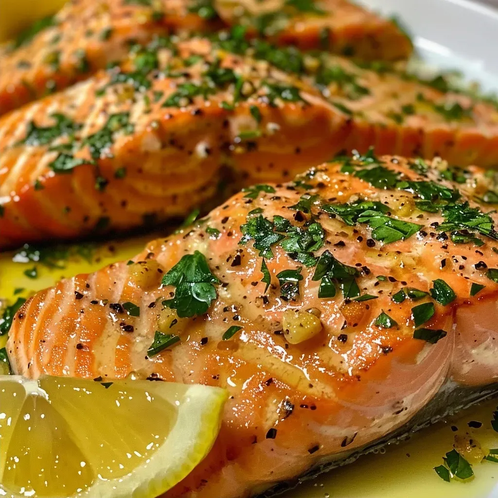 Close-up side view of a juicy Garlic Herb Roasted Salmon garnished with herbs and lemon.