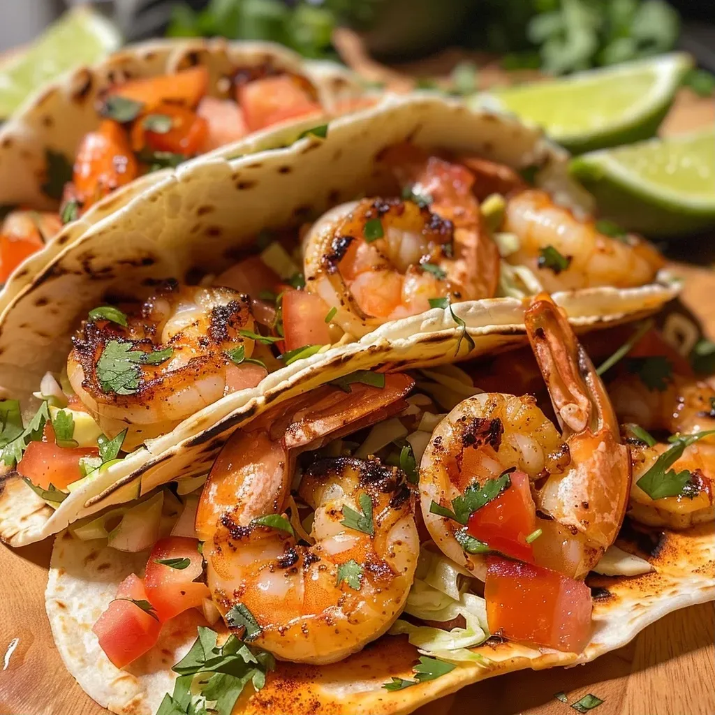 ['Juicy garlic shrimp tacos served on corn tortillas with slaw and avocado.', 'A close-up view of garlic shrimp tacos topped with cabbage slaw and diced tomatoes.', 'Side view of vibrant garlic shrimp tacos with fresh ingredients on a plate.', 'Colorful shrimp tacos featuring avocado slices and cilantro on a wooden surface.']