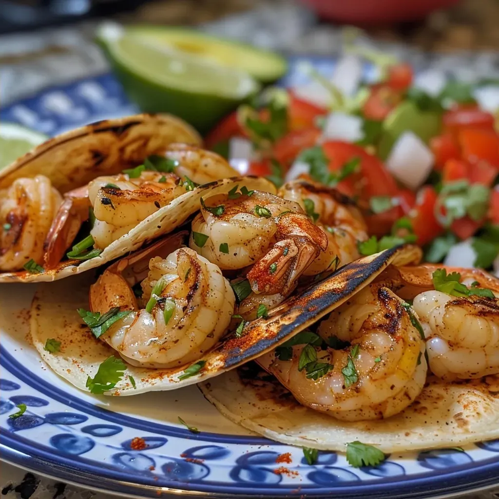 Juicy garlic shrimp tacos served on corn tortillas with slaw and avocado.