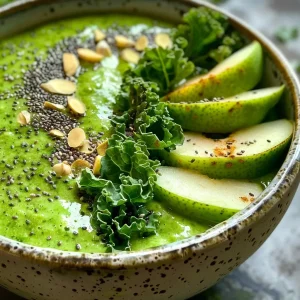 ['Close-up of a creamy Ginger Pear Smoothie Bowl topped with kale and slices of pear.', 'Side view of a vibrant Ginger Pear Smoothie Bowl garnished with avocado and ginger pieces.', 'Detailed shot of a Ginger Pear Smoothie Bowl with swirls of kefir and a sprinkle of kale.', 'Rich green and creamy Ginger Pear Smoothie Bowl highlighting fresh ingredients.']