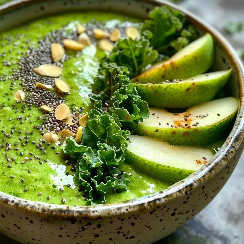 ['Close-up of a creamy Ginger Pear Smoothie Bowl topped with kale and slices of pear.', 'Side view of a vibrant Ginger Pear Smoothie Bowl garnished with avocado and ginger pieces.', 'Detailed shot of a Ginger Pear Smoothie Bowl with swirls of kefir and a sprinkle of kale.', 'Rich green and creamy Ginger Pear Smoothie Bowl highlighting fresh ingredients.']