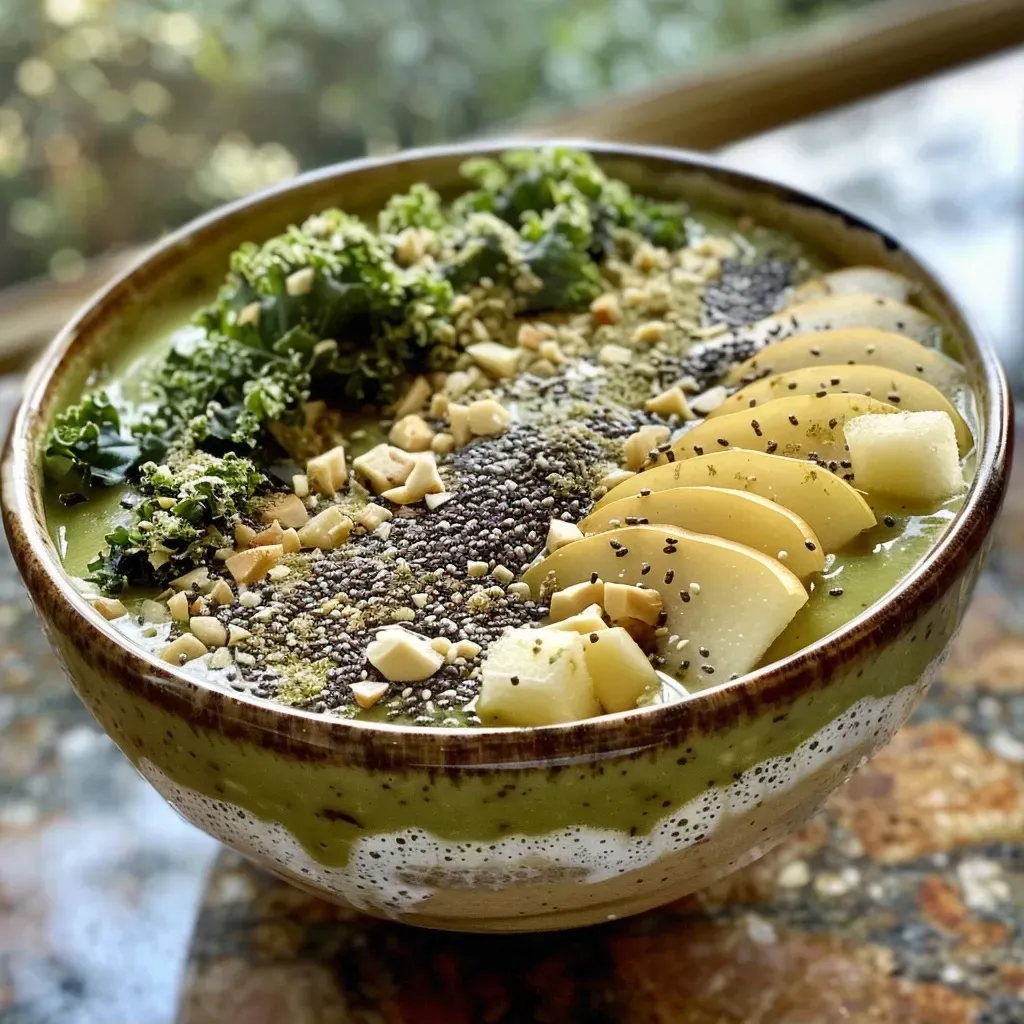 ['Close-up of a creamy Ginger Pear Smoothie Bowl topped with kale and slices of pear.', 'Side view of a vibrant Ginger Pear Smoothie Bowl garnished with avocado and ginger pieces.', 'Detailed shot of a Ginger Pear Smoothie Bowl with swirls of kefir and a sprinkle of kale.', 'Rich green and creamy Ginger Pear Smoothie Bowl highlighting fresh ingredients.']