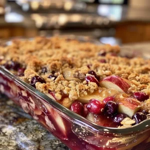 ['Close-up view of a gluten-free apple cranberry crisp, highlighting the golden-brown topping and juicy fruit filling.', 'Side angle of a delicious apple cranberry crisp with a crunchy topping and vibrant cranberries and apples visible.', 'Detailed shot of a warm apple cranberry crisp, showcasing its crumbly topping and fresh fruit ingredients.', 'Close view of a gluten-free dessert featuring cranberries and thinly sliced pink lady apples, topped with a coconut-almond mix.']