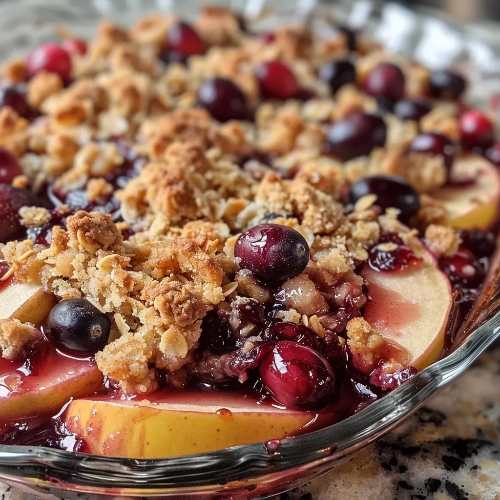 ['Close-up view of a gluten-free apple cranberry crisp, highlighting the golden-brown topping and juicy fruit filling.', 'Side angle of a delicious apple cranberry crisp with a crunchy topping and vibrant cranberries and apples visible.', 'Detailed shot of a warm apple cranberry crisp, showcasing its crumbly topping and fresh fruit ingredients.', 'Close view of a gluten-free dessert featuring cranberries and thinly sliced pink lady apples, topped with a coconut-almond mix.']