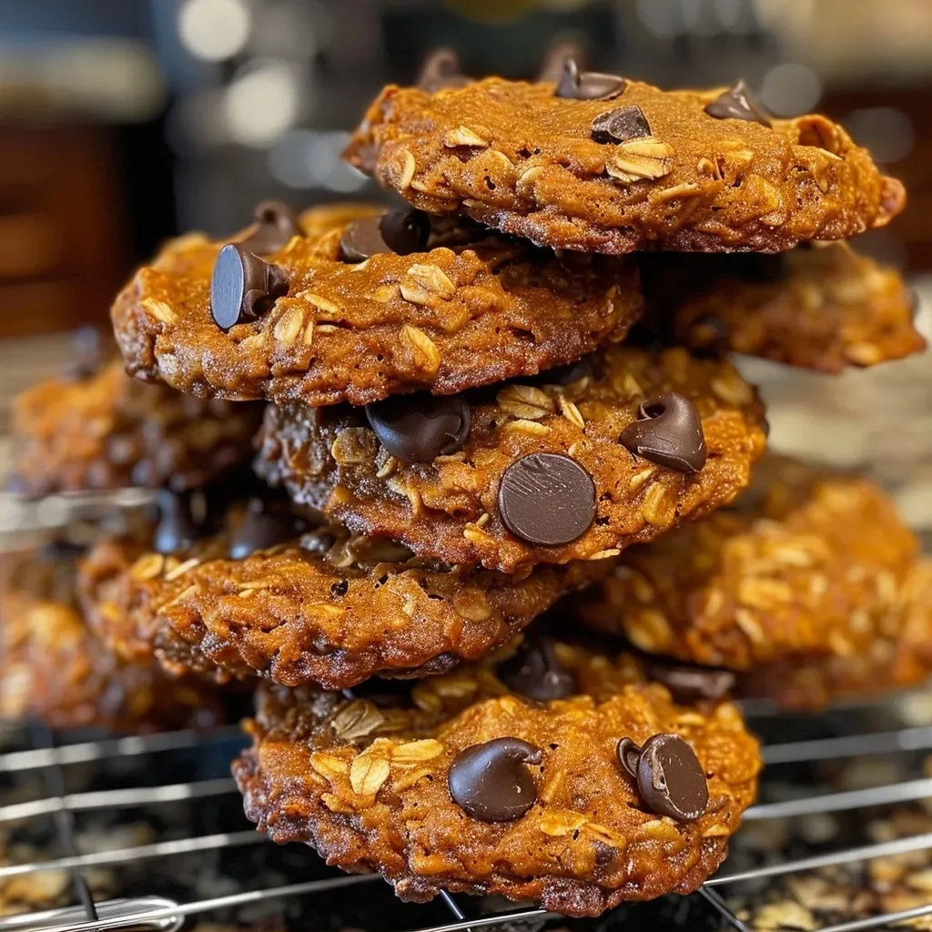 ['A close-up side view of a gooey gluten-free oatmeal pumpkin cookie, showcasing chocolate chips and oats.', 'A side perspective of a delicious gluten-free oatmeal pumpkin cookie, highlighting its chewy texture and chocolate pieces.', 'A detailed close-up of a gluten-free oatmeal pumpkin cookie with visible oats and chocolate chips.', 'An appetizing side view of a moist gluten-free pumpkin cookie, featuring a rich orange hue from pumpkin puree.']