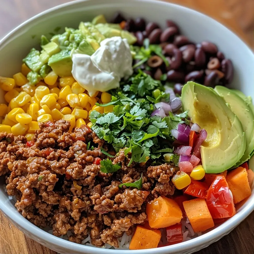 ['A vibrant Ground Beef Taco Bowl filled with colorful ingredients like sweet potatoes, avocado, and black beans.', 'Close-up of a Ground Beef Taco Bowl showcasing seasoned ground beef, diced avocado, and corn on a wooden table.', 'A delicious arrangement of a Ground Beef Taco Bowl with layers of ground beef, sweet potatoes, and spices.', 'Side view of a Ground Beef Taco Bowl featuring juicy ground beef, black beans, and fresh lime wedges.']