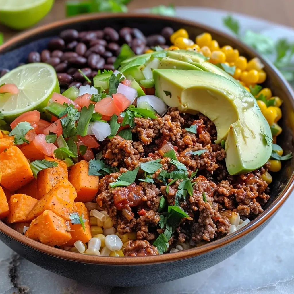 ['A vibrant Ground Beef Taco Bowl filled with colorful ingredients like sweet potatoes, avocado, and black beans.', 'Close-up of a Ground Beef Taco Bowl showcasing seasoned ground beef, diced avocado, and corn on a wooden table.', 'A delicious arrangement of a Ground Beef Taco Bowl with layers of ground beef, sweet potatoes, and spices.', 'Side view of a Ground Beef Taco Bowl featuring juicy ground beef, black beans, and fresh lime wedges.']