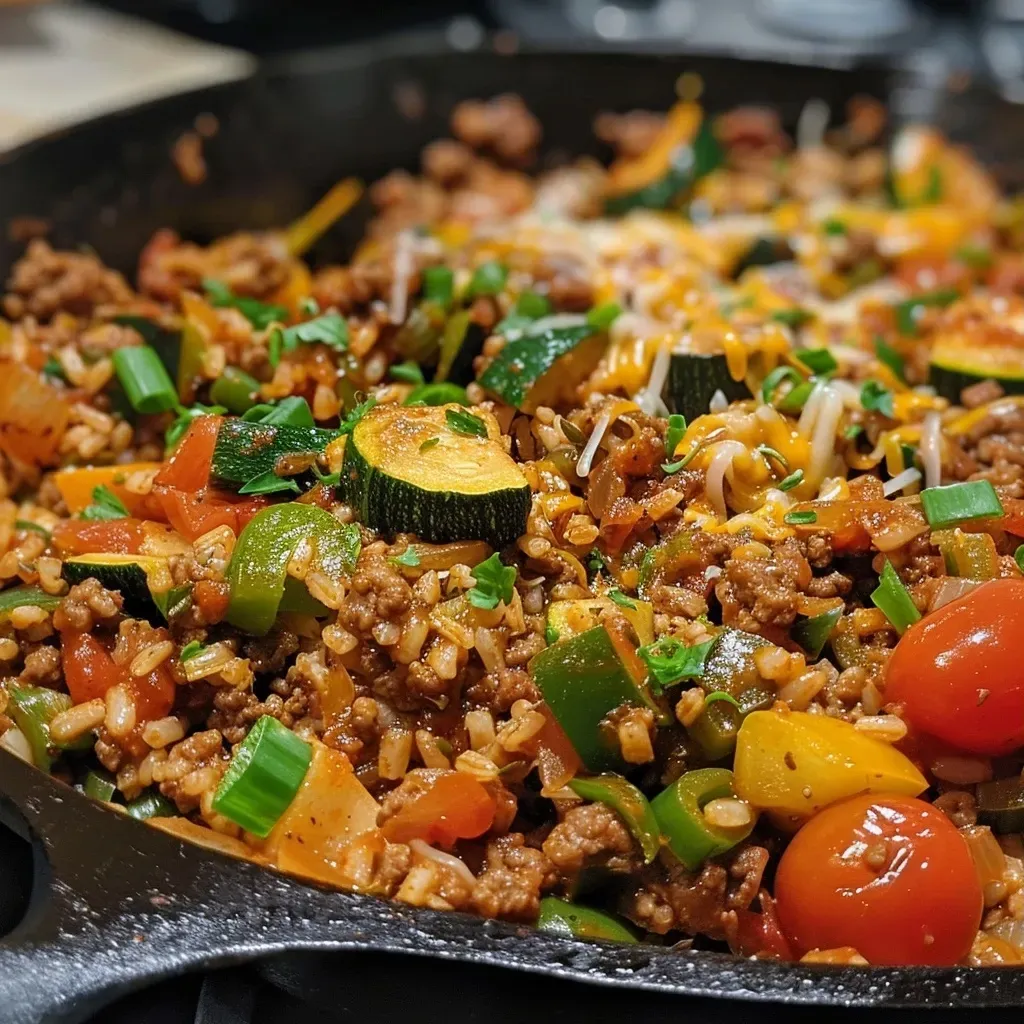 ['Close-up view of a Ground Beef Zucchini and Rice Skillet with vibrant vegetables.', 'Juicy Ground Beef Zucchini Skillet with rice, topped with melted cheese.', 'Colorful mixture of ground beef, zucchini, and rice in a skillet, garnished with tomatoes.', 'Delicious skillet meal featuring ground beef, zucchini, rice, and fresh herbs.']