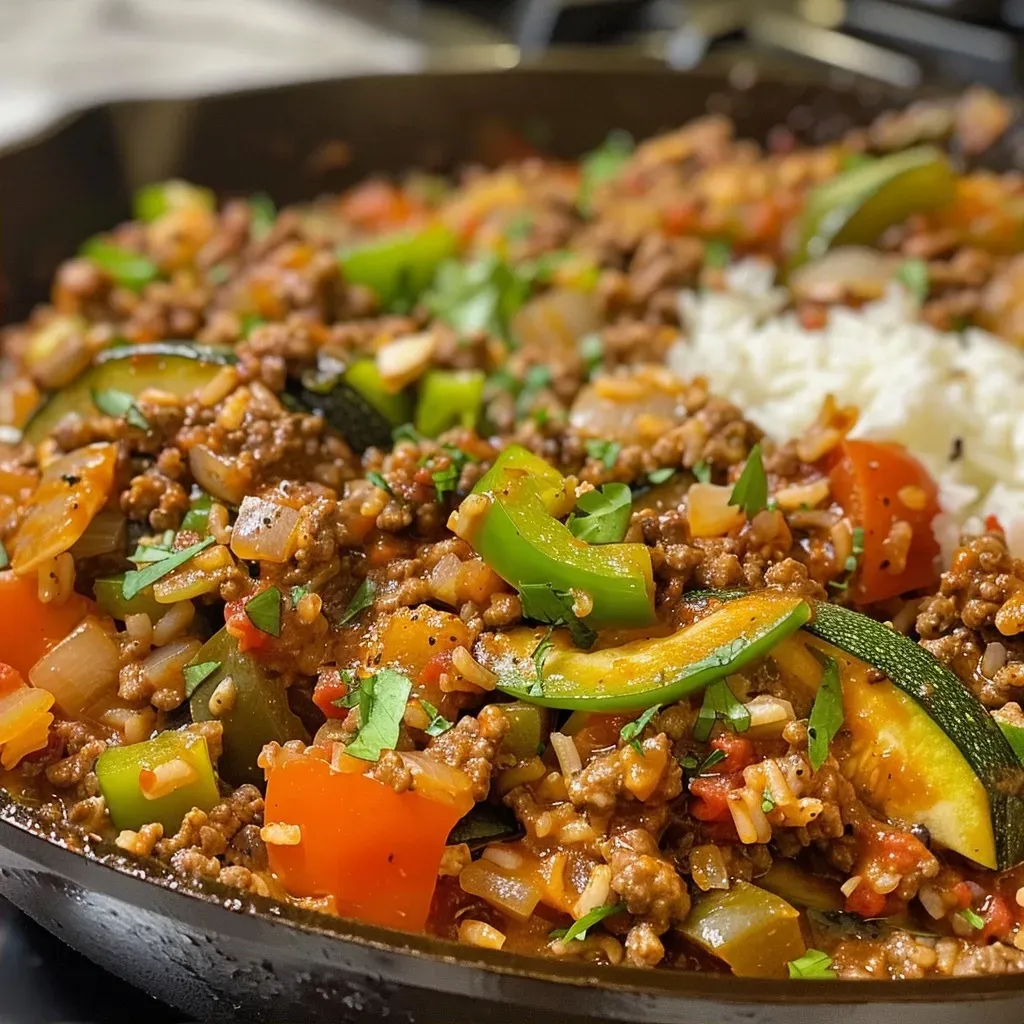 ['Close-up view of a Ground Beef Zucchini and Rice Skillet with vibrant vegetables.', 'Juicy Ground Beef Zucchini Skillet with rice, topped with melted cheese.', 'Colorful mixture of ground beef, zucchini, and rice in a skillet, garnished with tomatoes.', 'Delicious skillet meal featuring ground beef, zucchini, rice, and fresh herbs.']