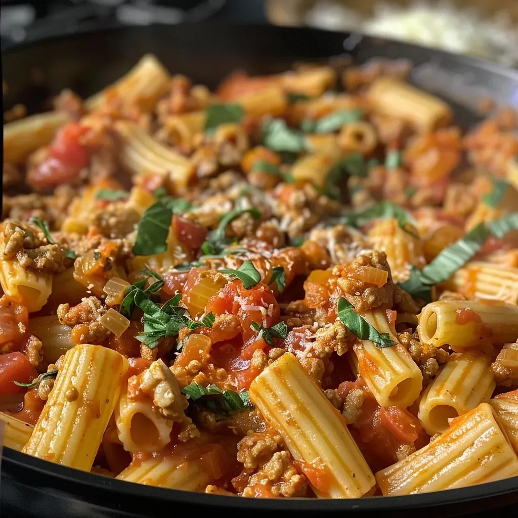 ['Close-up view of a Ground Turkey Pasta Skillet with melted cheese and fresh herbs.', 'A delicious bowl of Ground Turkey Pasta Skillet featuring pasta, turkey, and sauce.', 'Side view of a hearty Ground Turkey Pasta Skillet garnished with fresh basil.', 'Juicy Ground Turkey Pasta Skillet displayed in a pan, showcasing its colorful ingredients.']