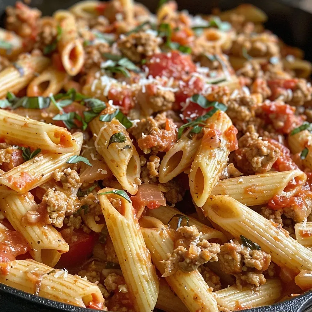 ['Close-up view of a Ground Turkey Pasta Skillet with melted cheese and fresh herbs.', 'A delicious bowl of Ground Turkey Pasta Skillet featuring pasta, turkey, and sauce.', 'Side view of a hearty Ground Turkey Pasta Skillet garnished with fresh basil.', 'Juicy Ground Turkey Pasta Skillet displayed in a pan, showcasing its colorful ingredients.']