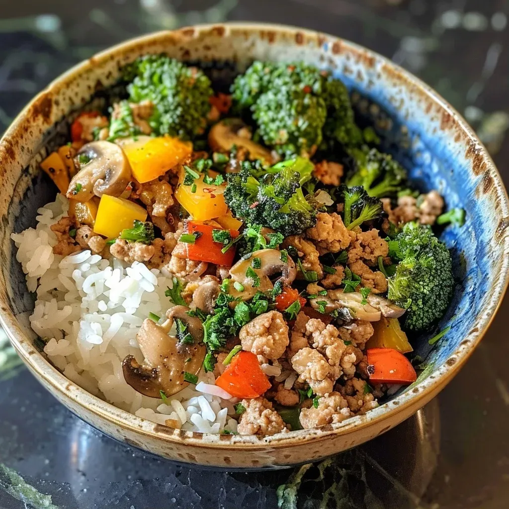 ['Close-up view of a bowl filled with ground turkey, roasted vegetables, and rice.', 'Side view of a colorful rice bowl showcasing ground turkey and assorted roasted veggies.', 'Juicy ground turkey mixed with vibrant roasted vegetables served over rice in a bowl.', 'Appetizing ground turkey and roasted vegetable rice bowl captured from the side.']