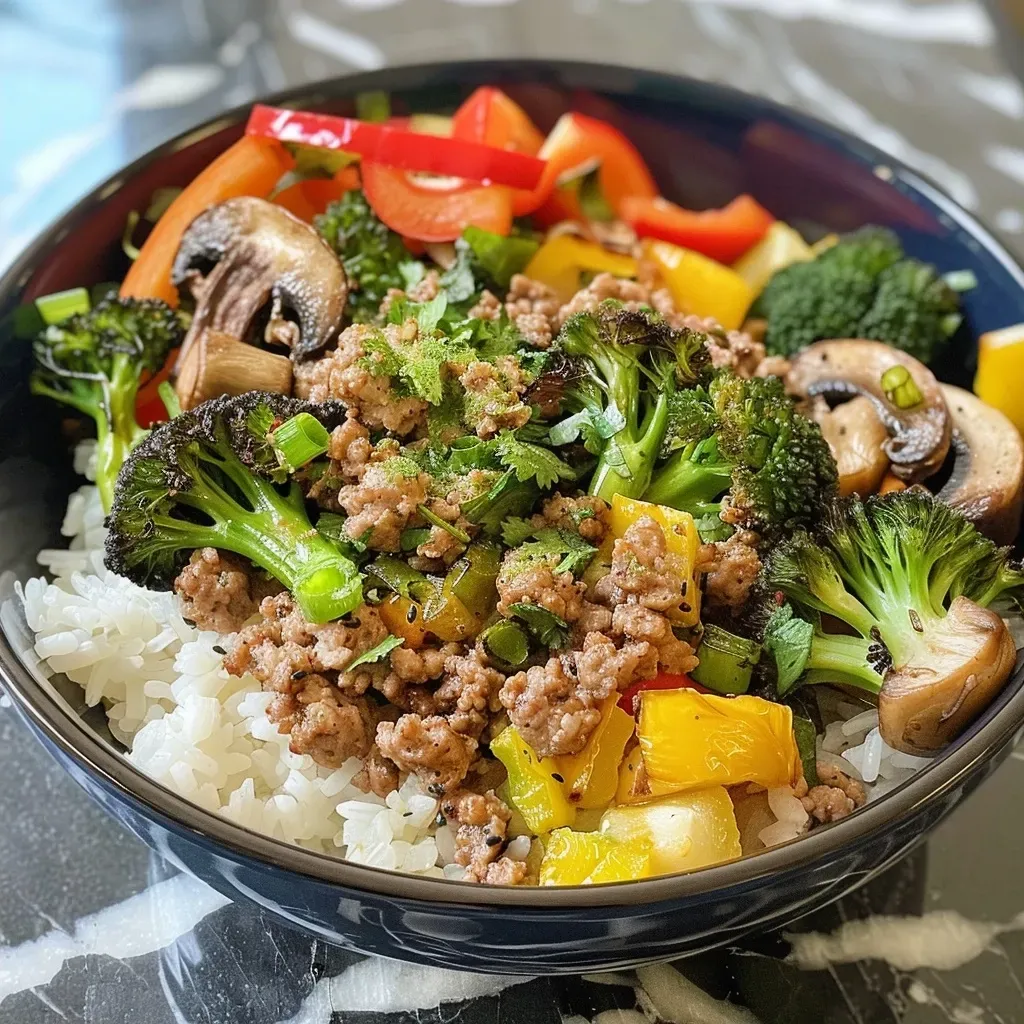['Close-up view of a bowl filled with ground turkey, roasted vegetables, and rice.', 'Side view of a colorful rice bowl showcasing ground turkey and assorted roasted veggies.', 'Juicy ground turkey mixed with vibrant roasted vegetables served over rice in a bowl.', 'Appetizing ground turkey and roasted vegetable rice bowl captured from the side.']