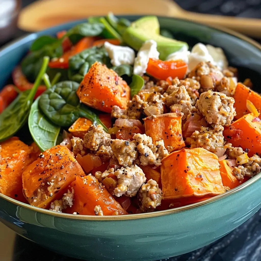 ['Close-up view of a ground turkey and sweet potato bowl with fresh spinach.', 'Side angle of a colorful ground turkey bowl featuring diced sweet potatoes and avocado.', 'Juicy ground turkey mixed with sweet potatoes and garnished with Greek yogurt.', 'Ground turkey and sweet potato bowl served in a rustic dish, showcasing fresh ingredients.']