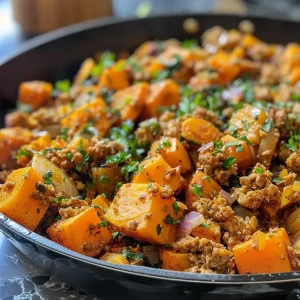 ['Close-up of a skillet filled with ground turkey and sweet potatoes.', 'Side view of a colorful ground turkey and sweet potato dish in a skillet.', 'Juicy ground turkey mixed with diced sweet potatoes and vegetables in a pan.', 'Delicious close-up of a turkey and sweet potato skillet ready to serve.']