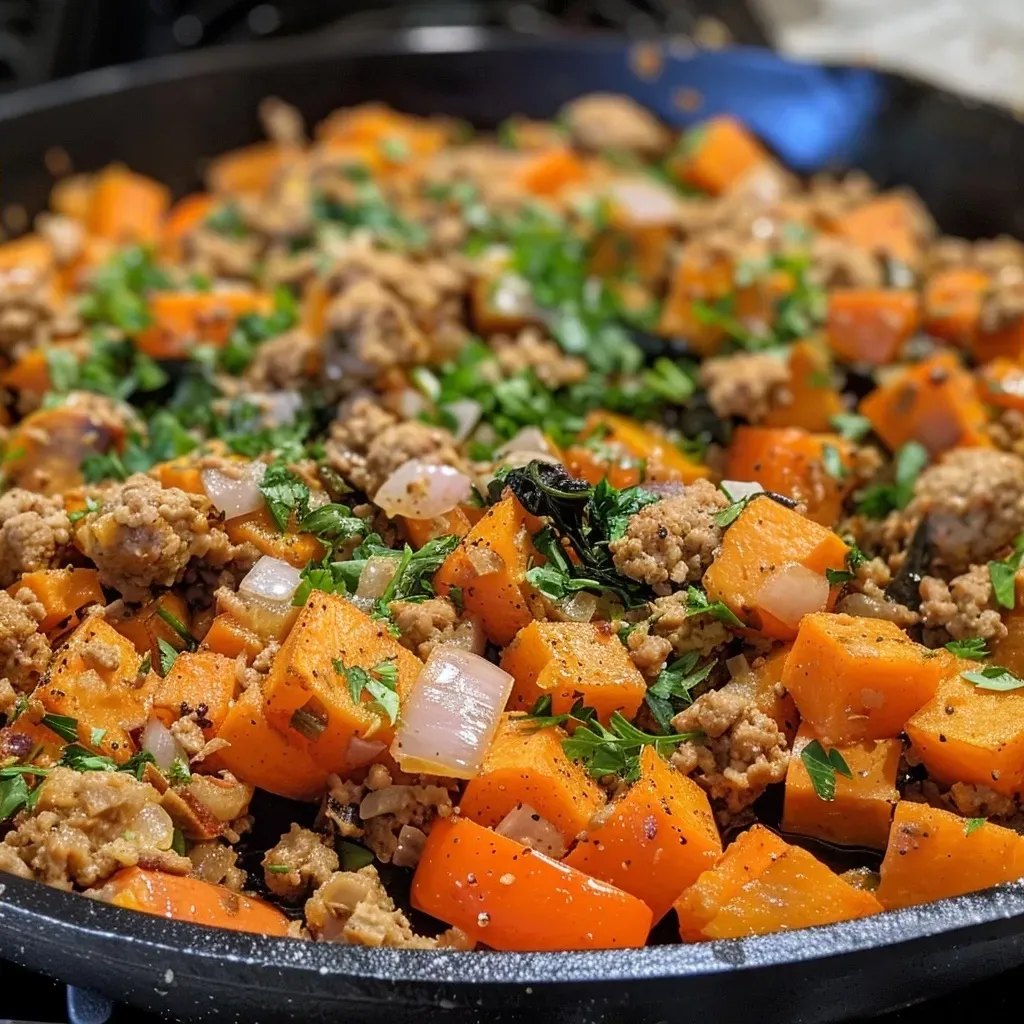 ['Close-up of a skillet filled with ground turkey and sweet potatoes.', 'Side view of a colorful ground turkey and sweet potato dish in a skillet.', 'Juicy ground turkey mixed with diced sweet potatoes and vegetables in a pan.', 'Delicious close-up of a turkey and sweet potato skillet ready to serve.']