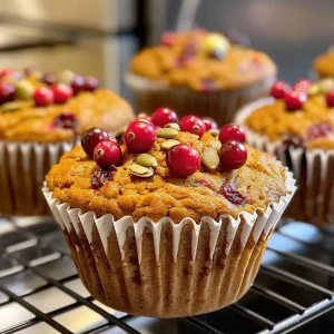 ['Close-up view of a stack of Harvest Pumpkin Cranberry Muffins with a golden-brown crust.', 'Side view of freshly baked Harvest Pumpkin Cranberry Muffins featuring cranberries and pumpkin seeds.', 'Juicy Harvest Pumpkin Cranberry Muffins displayed on a rustic wooden surface.', 'Delicious Harvest Pumpkin Cranberry Muffins with visible cranberries and pumpkin puree peeking through.']