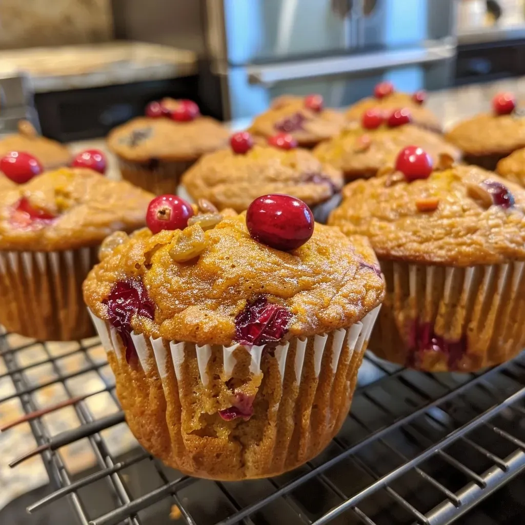 ['Close-up view of a stack of Harvest Pumpkin Cranberry Muffins with a golden-brown crust.', 'Side view of freshly baked Harvest Pumpkin Cranberry Muffins featuring cranberries and pumpkin seeds.', 'Juicy Harvest Pumpkin Cranberry Muffins displayed on a rustic wooden surface.', 'Delicious Harvest Pumpkin Cranberry Muffins with visible cranberries and pumpkin puree peeking through.']
