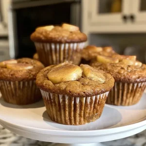 ['A close-up side view of fluffy apple cinnamon muffins with a golden-brown top and visible apple chunks.', 'Juicy healthy apple cinnamon muffins displayed on a rustic wooden surface, showcasing their fluffy texture.', 'Side perspective of freshly baked apple cinnamon muffins, highlighting their light brown color and cinnamon dusting.', 'An iPhone 15 Pro photo of healthy apple cinnamon muffins, emphasizing their moist texture and apple pieces.']