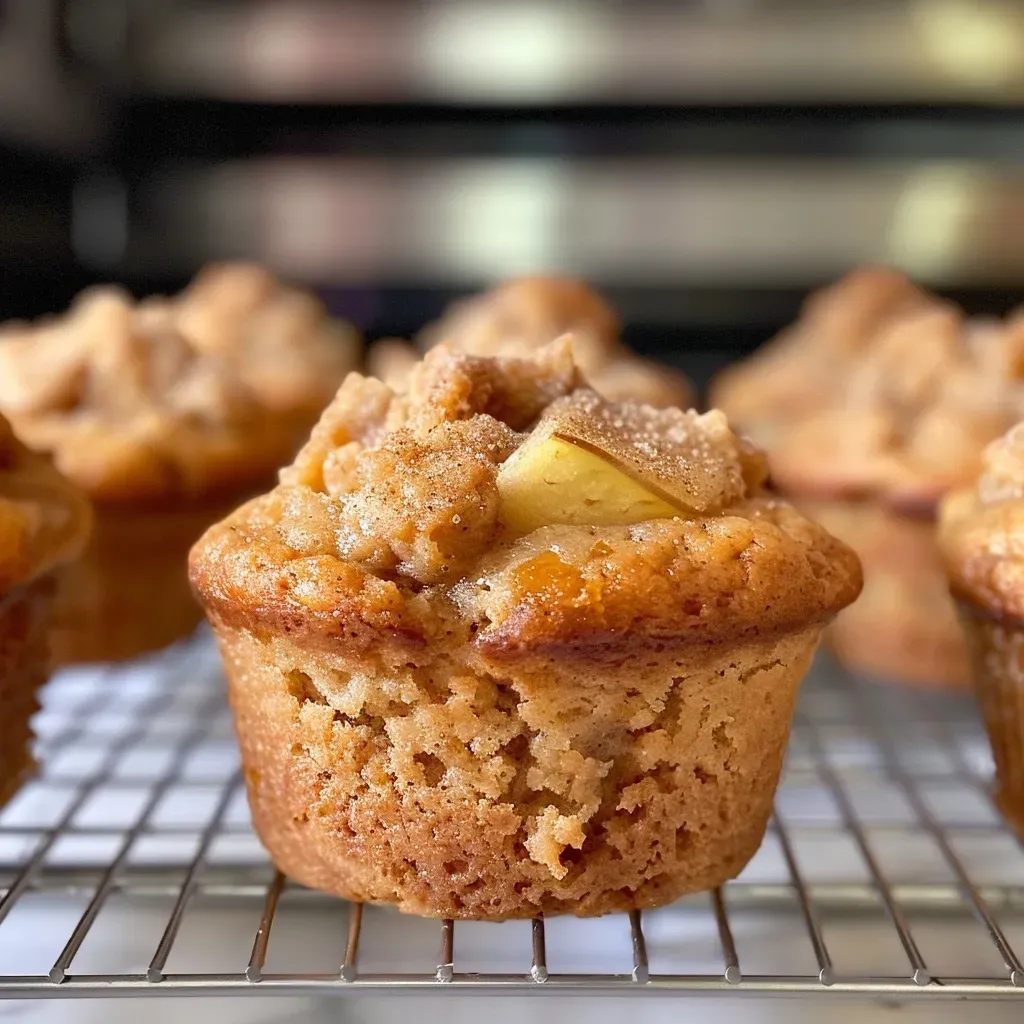 ['A close-up side view of fluffy apple cinnamon muffins with a golden-brown top and visible apple chunks.', 'Juicy healthy apple cinnamon muffins displayed on a rustic wooden surface, showcasing their fluffy texture.', 'Side perspective of freshly baked apple cinnamon muffins, highlighting their light brown color and cinnamon dusting.', 'An iPhone 15 Pro photo of healthy apple cinnamon muffins, emphasizing their moist texture and apple pieces.']
