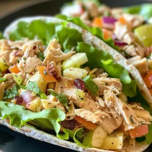 ['Close-up of a Healthy Chicken Apple Salad Wrap showing vibrant ingredients.', 'Side view of Chicken Apple Salad Wrap, highlighting juicy chicken and fresh apples.', 'Healthy Chicken Apple Salad Wrap with diced apples, walnuts, and greens visible.', 'Colorful presentation of Chicken Apple Salad Wrap filled with chicken and chopped vegetables.']