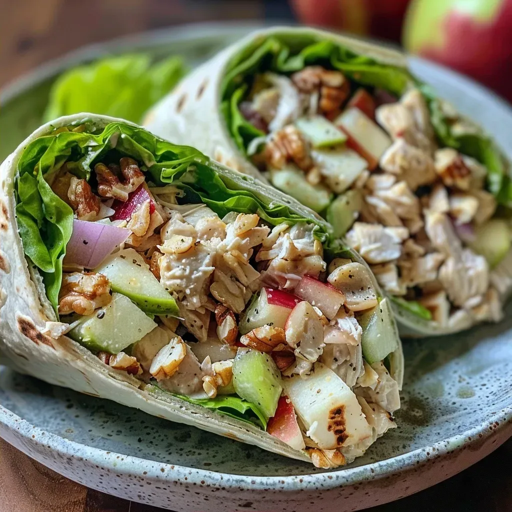['Close-up of a Healthy Chicken Apple Salad Wrap showing vibrant ingredients.', 'Side view of Chicken Apple Salad Wrap, highlighting juicy chicken and fresh apples.', 'Healthy Chicken Apple Salad Wrap with diced apples, walnuts, and greens visible.', 'Colorful presentation of Chicken Apple Salad Wrap filled with chicken and chopped vegetables.']