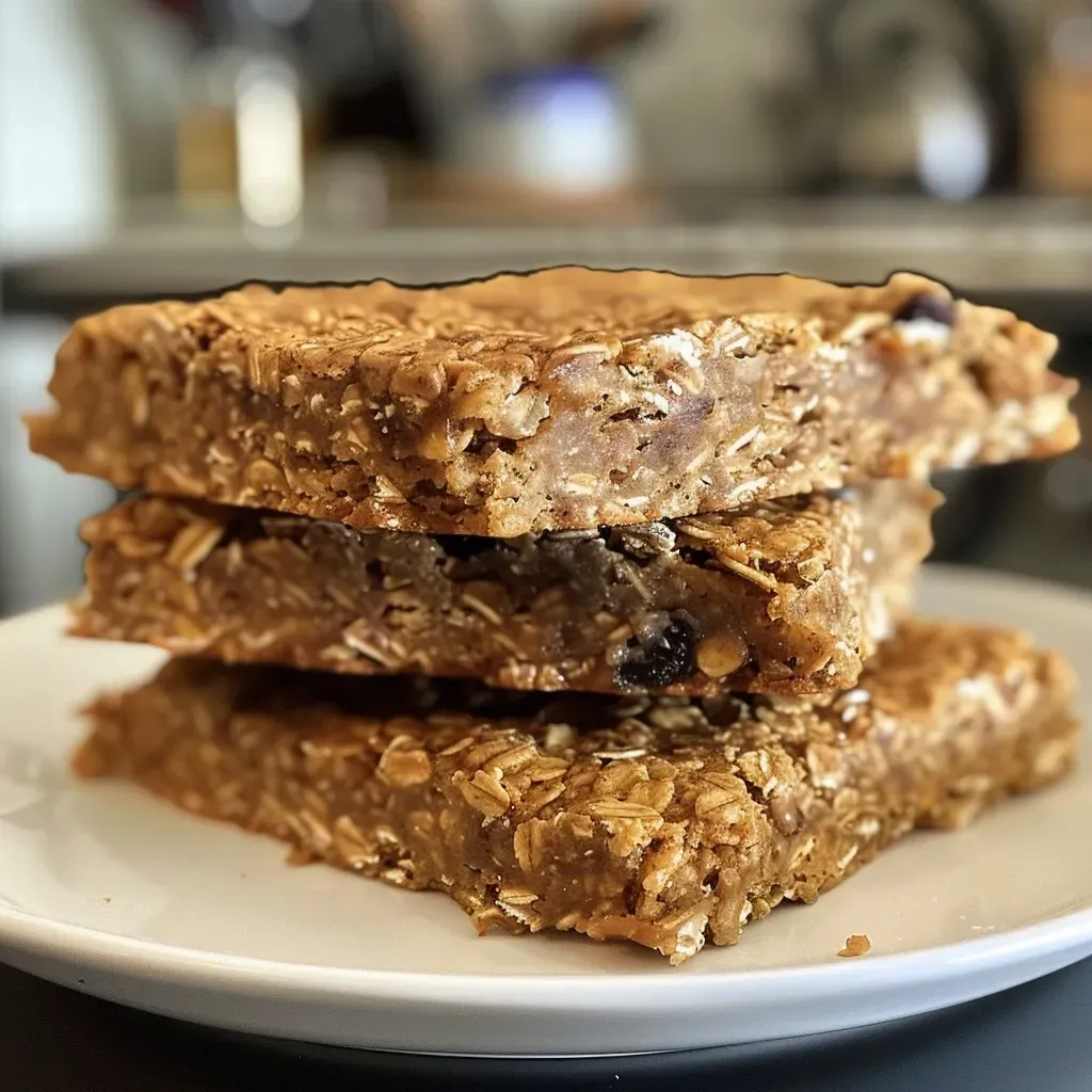 ['Close-up of a slice of healthy oatmeal breakfast bar with visible oats and spices.', 'Side view of a delicious oatmeal breakfast bar, highlighting its chewy texture and ingredients.', 'Juicy oatmeal breakfast bar on a plate, showcasing its golden brown color and crumbly surface.', 'Healthy oatmeal breakfast bar, featuring whole grains and a sprinkle of cinnamon on top.']