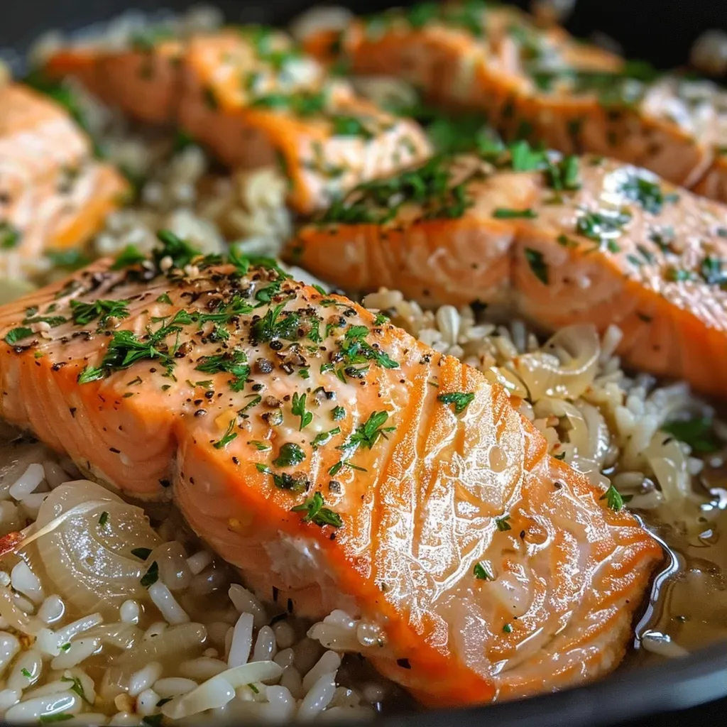 ['Close-up view of a plated Healthy One Pot Salmon and Rice dish, highlighting the salmon fillets and rice.', 'Side angle of a vibrant Healthy One Pot Salmon and Rice meal, featuring cooked salmon and herbs.', 'Appetizing close-up of Healthy One Pot Salmon and Rice, showcasing golden salmon and fluffy rice.', 'Detailed shot of a nutritious one-pot meal with salmon, rice, and fresh herbs on a plate.']