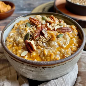 A close-up view of a bowl of healthy pumpkin oatmeal topped with almond butter, crushed pecans, and pumpkin seeds.