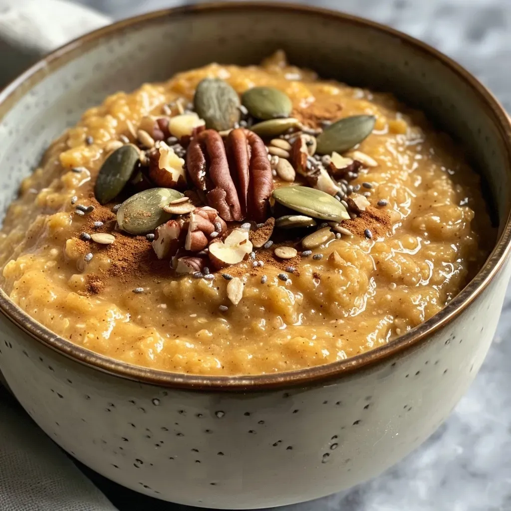 A close-up view of a bowl of healthy pumpkin oatmeal topped with almond butter, crushed pecans, and pumpkin seeds.
