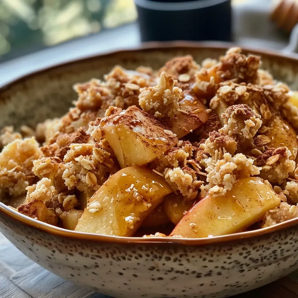 ['Close-up view of a warm high-protein apple crumble served in a dish.', 'Side view showcasing a golden-brown apple crumble with visible apple pieces.', 'Detail of a high-protein apple crumble topped with oats and a drizzle of honey.', 'Juicy high-protein apple crumble featuring baked apples and a crispy topping.']