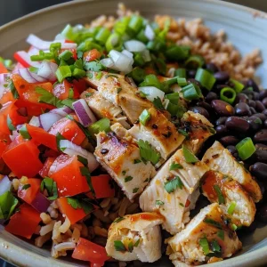 Close-up view of a high protein chicken burrito bowl with colorful ingredients.