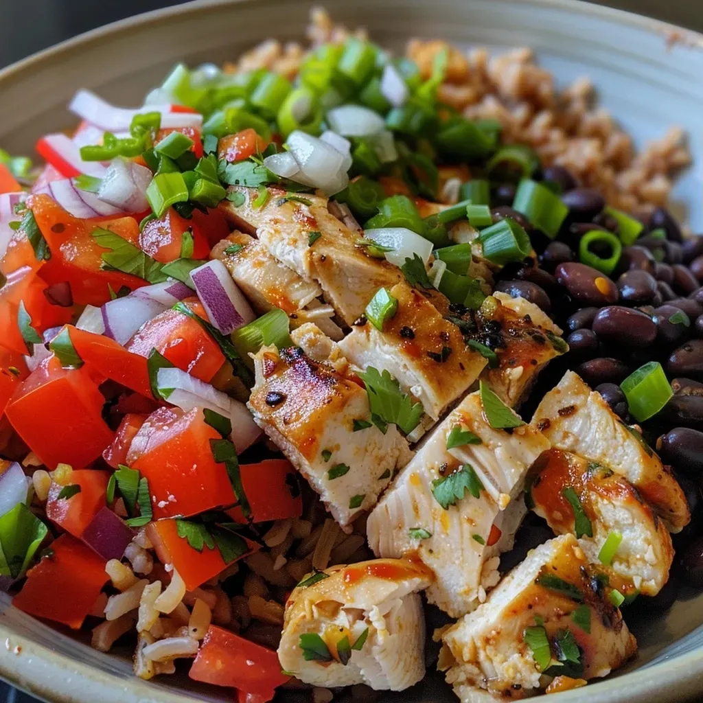['Close-up view of a high protein chicken burrito bowl with colorful ingredients.', 'Side angle of a delicious chicken burrito bowl showing chunks of chicken and black beans.', 'Vibrant high protein burrito bowl with chicken, rice, and salsa garnished with green onions.', 'Juicy chicken burrito bowl featuring diced onion, black beans, and freshly sliced green onions.']