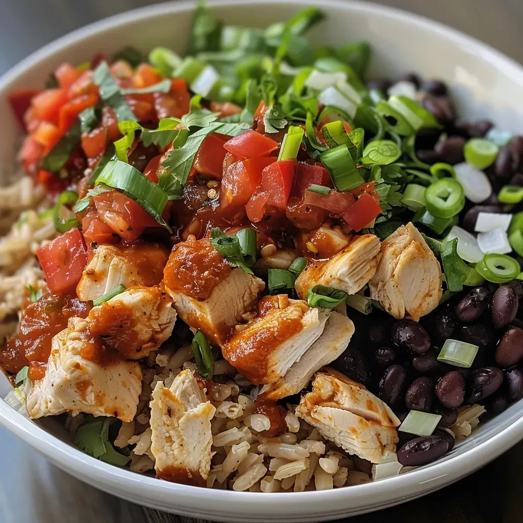 Close-up view of a high protein chicken burrito bowl with colorful ingredients.