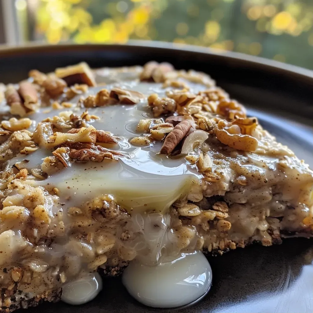 ['Close-up view of a slice of High-Protein Cinnamon Roll Baked Oatmeal, showcasing a golden-brown top with a creamy texture.', 'Side view of a serving of cinnamon roll baked oatmeal, highlighting its moist and fluffy interior with a drizzle of syrup.', 'Detailed shot of baked oatmeal featuring layers of cinnamon and nuts, with a soft, inviting appearance.', 'Close proximity view of a high-protein cinnamon roll oatmeal dish, emphasizing its deliciously baked crust and rich color.']
